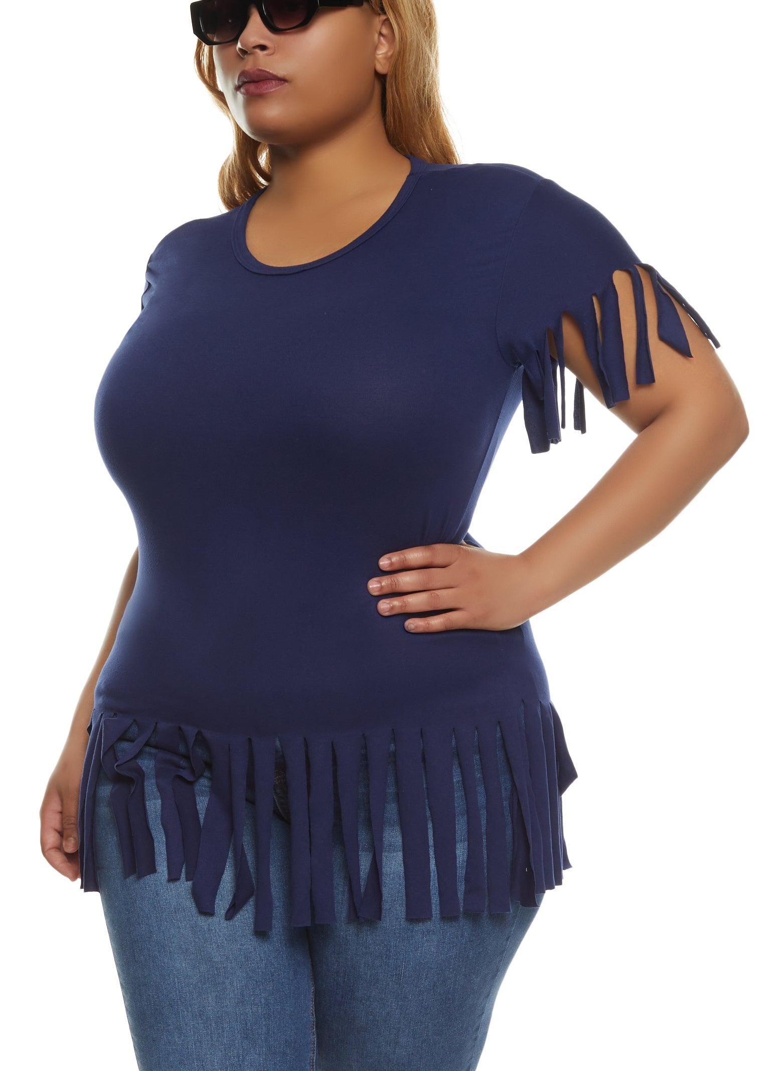 Womens Plus Size Short Sleeve Fringe Hem T Shirt Product Image