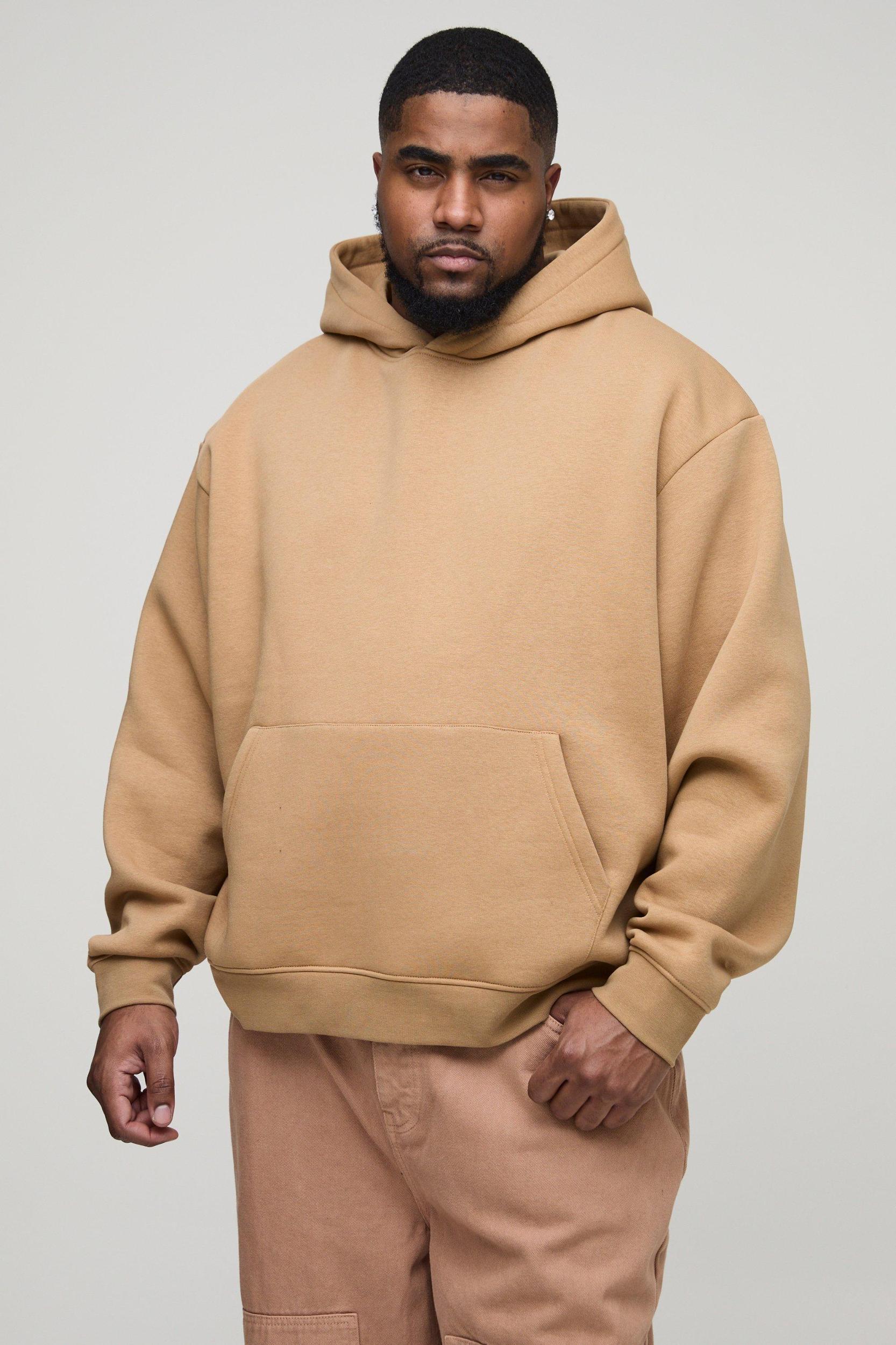 Mens Plus 330GSM Oversized Boxy Basic Hoodie - Beige Product Image