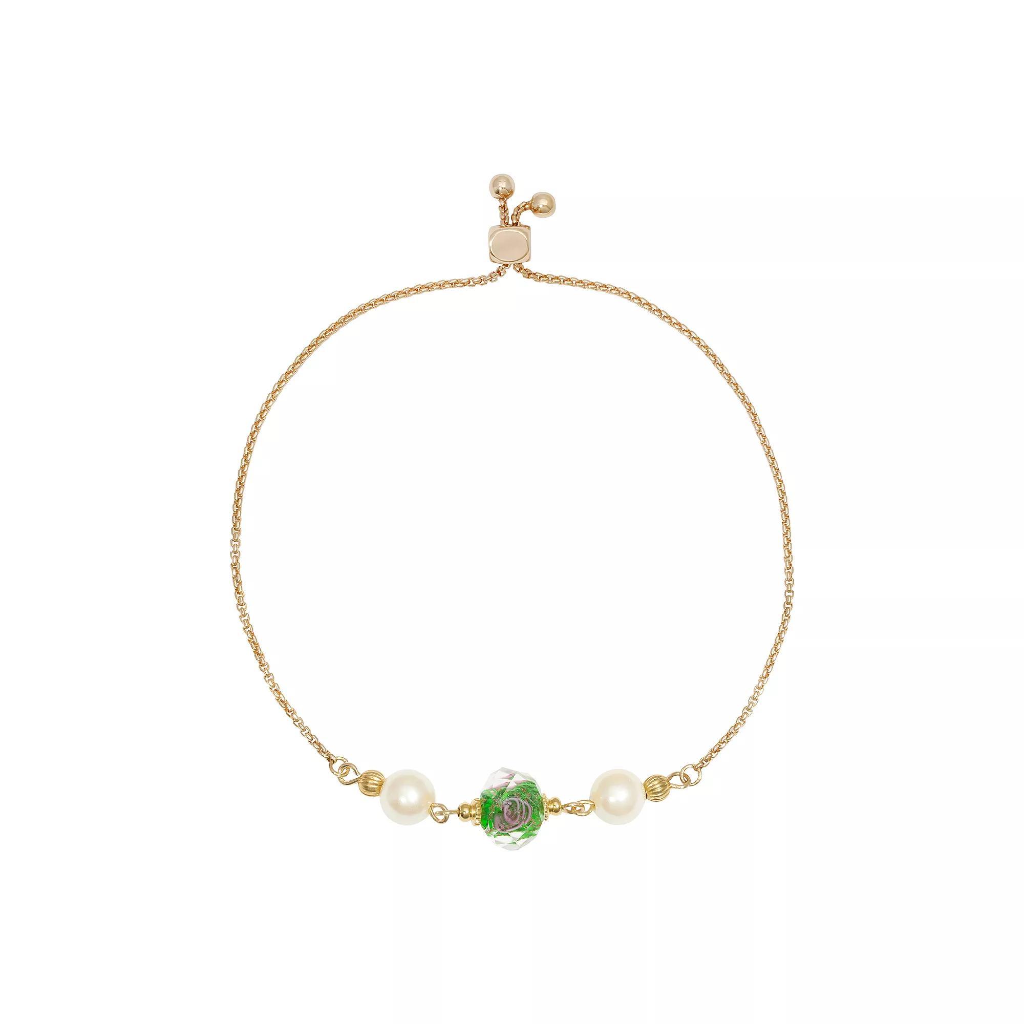 1928 Gold Tone Simulated Crystal Olivine Flower and Simulated Pearl Bracelet, Womens, Green Product Image