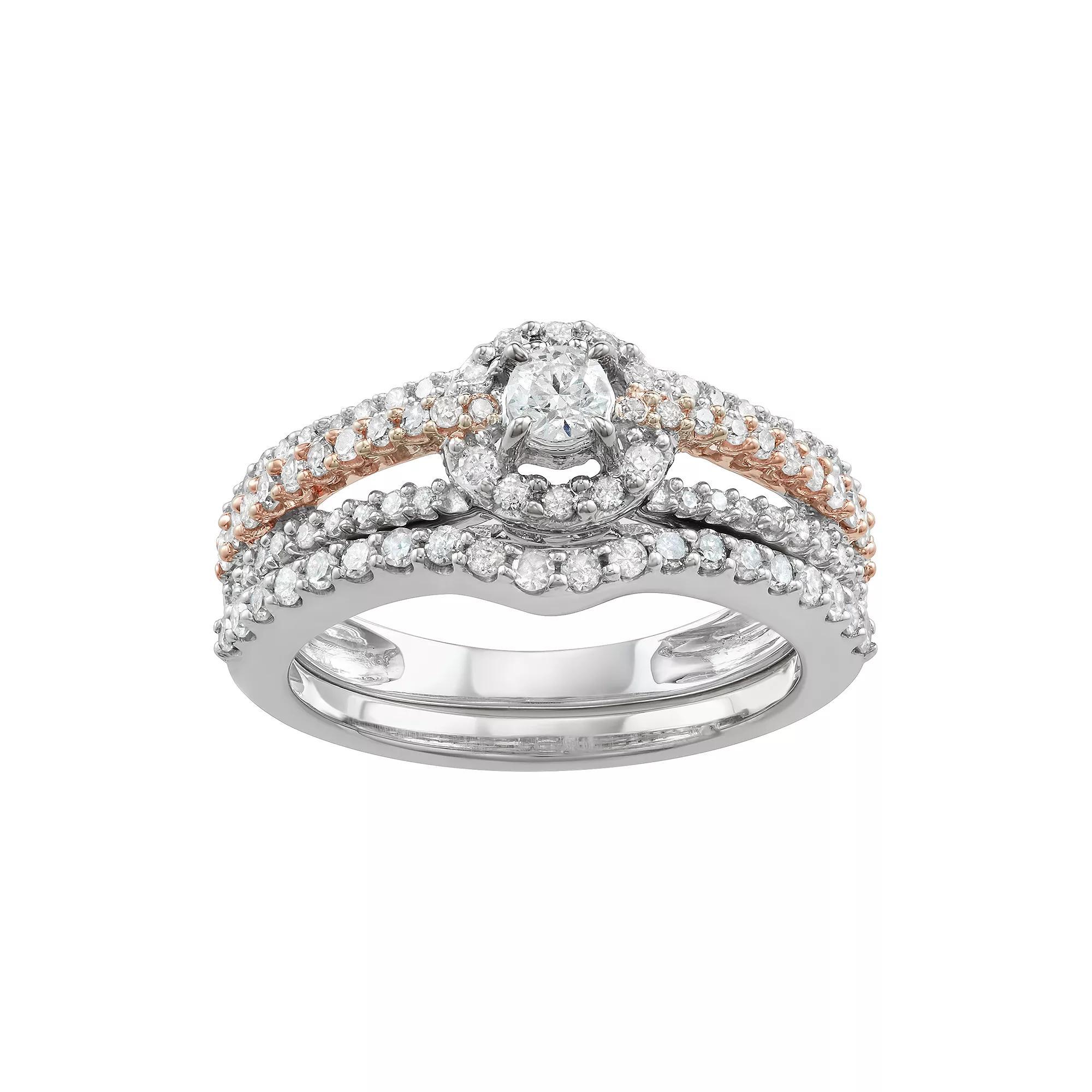 10k Two Tone Gold 1 Carat T.W. Diamond Engagement Ring Set, Women's, Size: 8, 14k Whgold Product Image