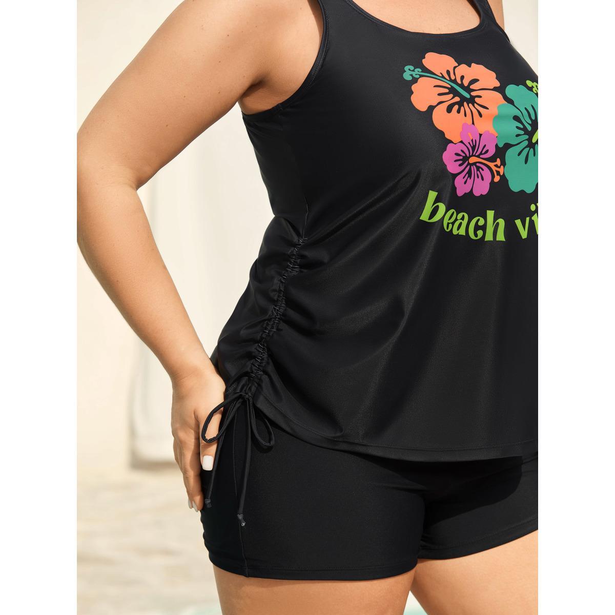 Plus Size Beachy Vibes Drawstring U-Neck Swim Tankini Women's Swimwear Black Beach Drawstring High stretch Bodycon U-neck Curve Swim Tops BloomChic 22-24/3X Product Image