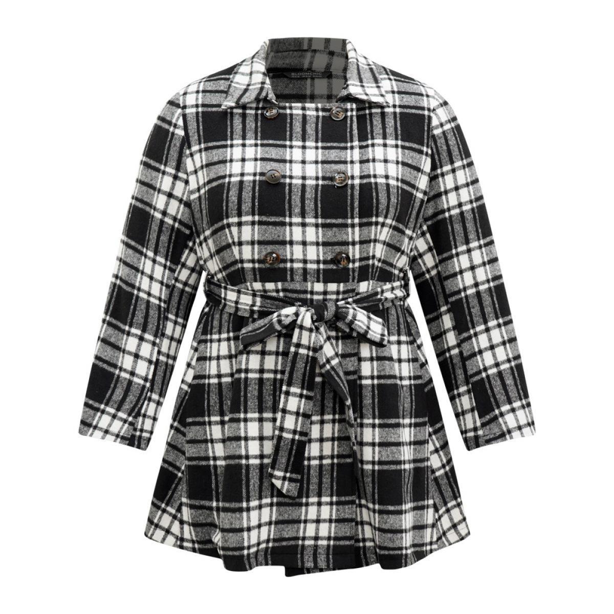 Plus Size Plaid Belted Pocket Double Breasted Coat Women Black Casual Lined Ladies Dailywear Winter Coats BloomChic 12/L Product Image