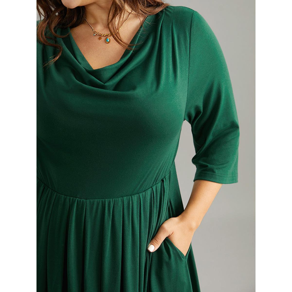 Plus Size Supersoft Essentials Solid Cowl Neck Pocket Dress DarkGreen Women Casual Plain Cowl Neck Elbow-length sleeve Curvy Midi Dress BloomChic 26/4X Product Image