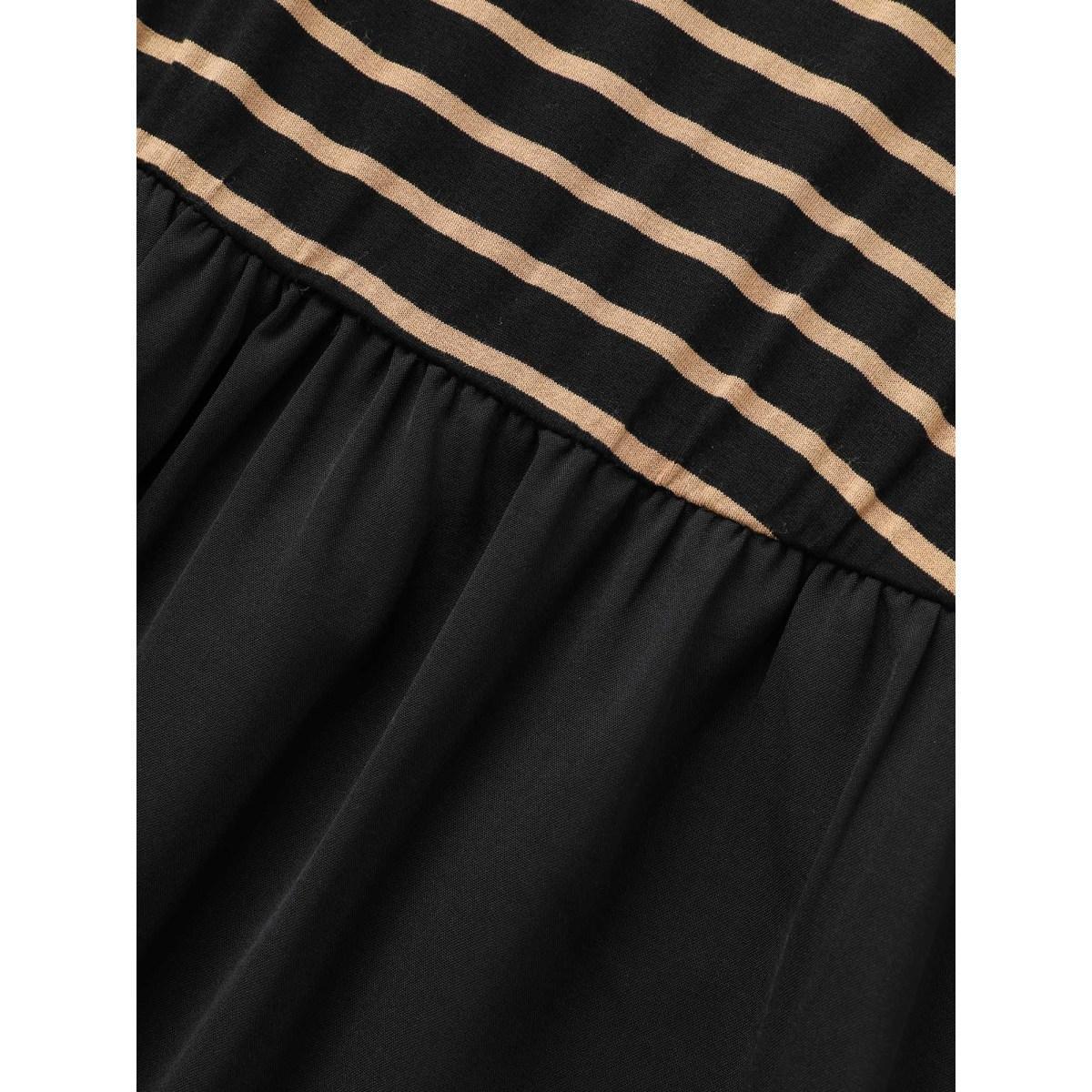 Plus Size Square Neck Striped Patchwork Midi Dress Black Women Casual Patchwork Round Neck Elbow-length sleeve Curvy BloomChic 26/4X Product Image