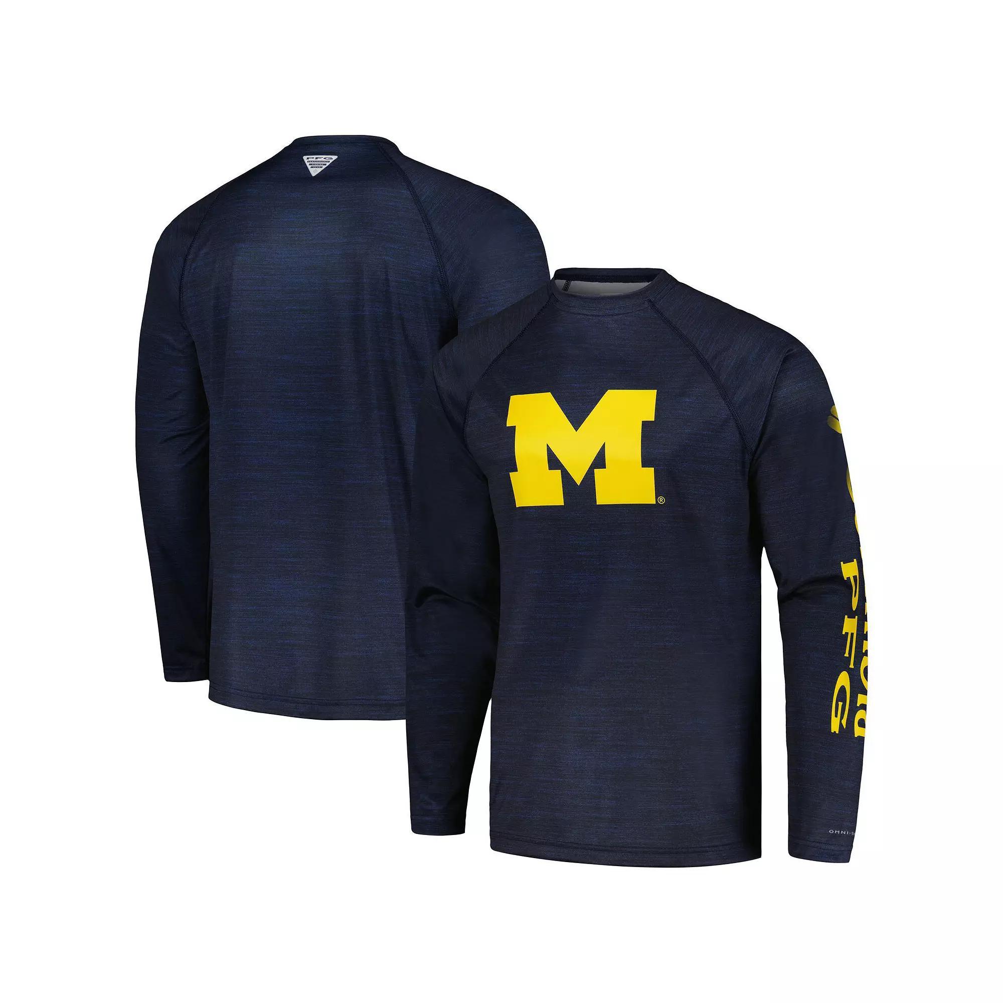 Men's Columbia  Navy Michigan Wolverines PFG Terminal Tackle Omni-Shade Raglan Long Sleeve T-Shirt, Size: Large, Blue Product Image
