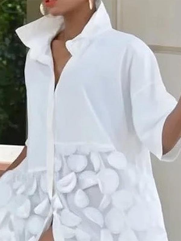 Half Sleeves Loose Applique Solid Color Split-Joint Lapel Collar Midi Dresses Product Image