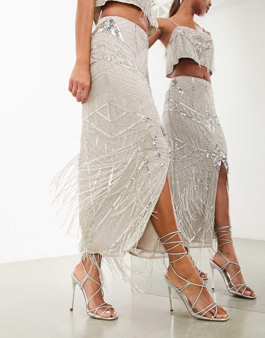ASOS Edition sequin and fringe artwork midi skirt Product Image