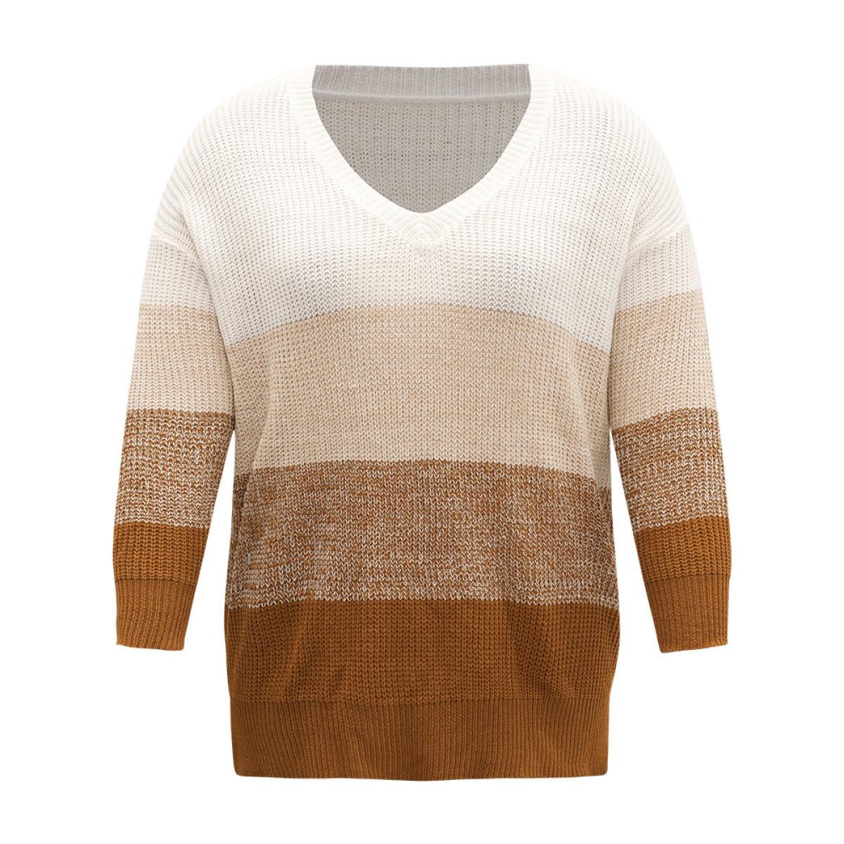 Plus Size Heather Split Side Contrast V Neck Pullover Multicolor Women Casual Loose Long Sleeve V-neck Dailywear Pullovers BloomChic 14-16/1X Product Image