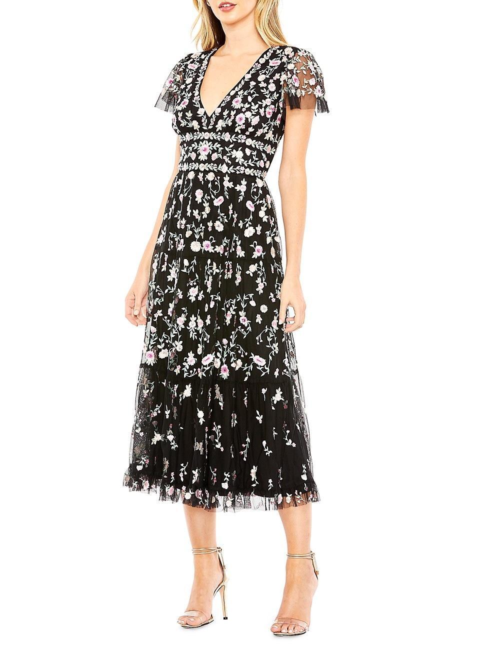 Mac Duggal Short Flutter Sleeve Plunge V-Neck Floral Print A Product Image