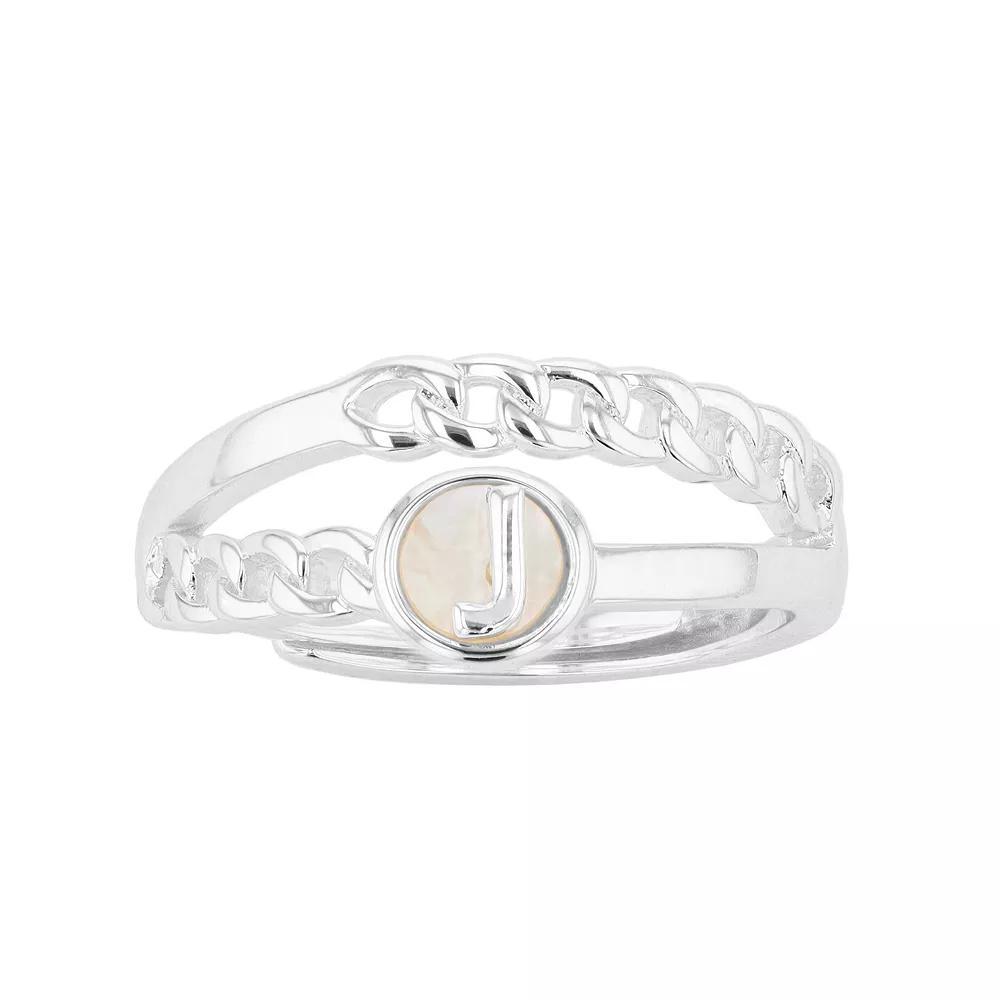 City Luxe Silver Tone Mother-of-Pearl Initial Disk Chain Band Ring, Women's Product Image
