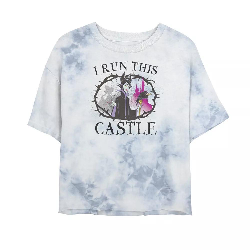 Juniors' Disney Princess Sleeping Beauty Maleficent Runs This Castle Bombard Wash Crop Graphic Tee, Women's, Size: XL, White Blue Product Image