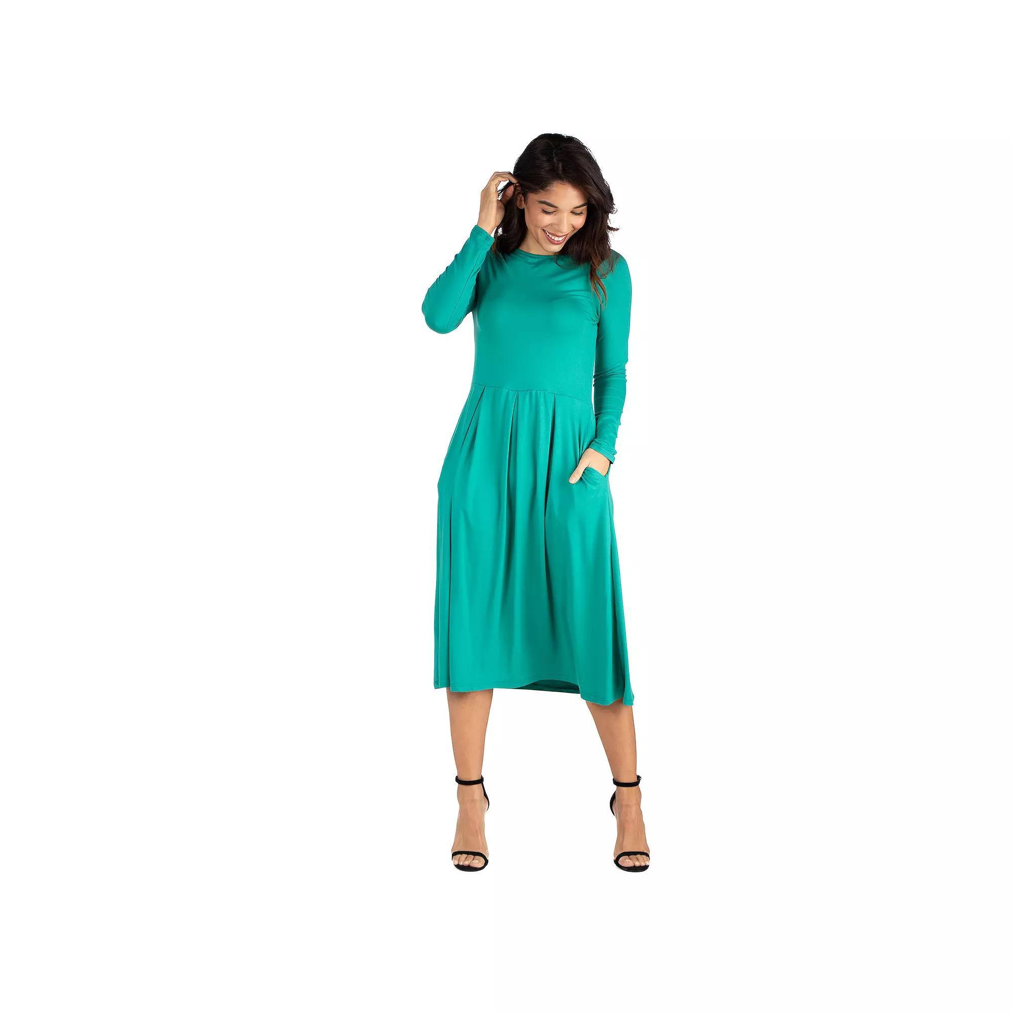 Women's 24Seven Comfort Apparel Long Sleeve Fit & Flare Dress with Pockets, Size: Large, Green Product Image