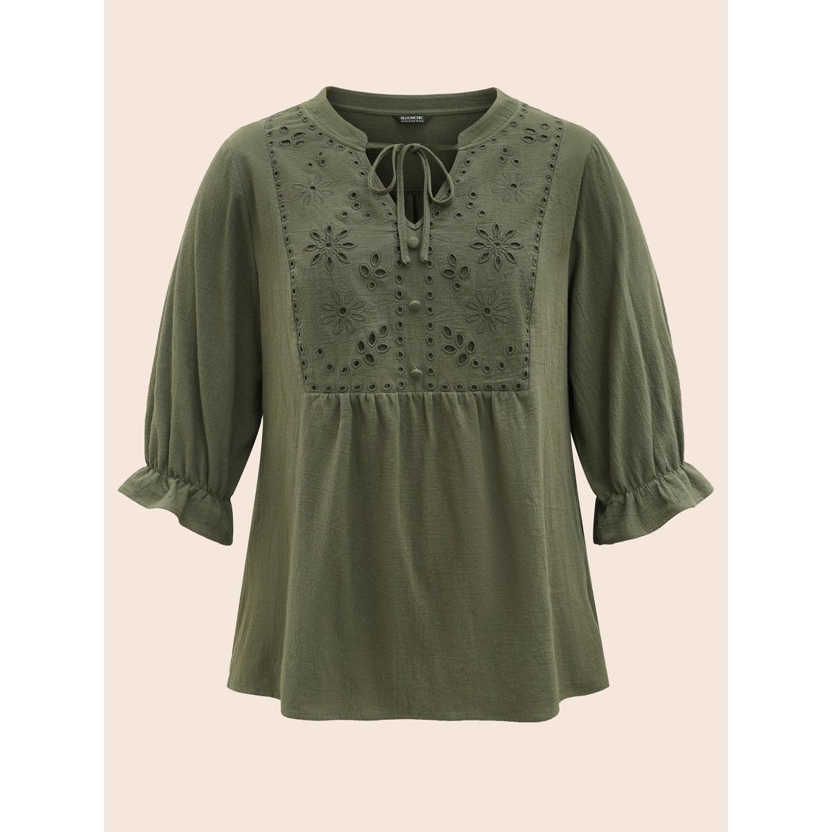 Plus Size ArmyGreen Broderie Anglaise Tie Knot Lantern Sleeve Blouse Women Resort Elbow-length sleeve Notched collar Vacation Blouses BloomChic 18-20/2X Product Image