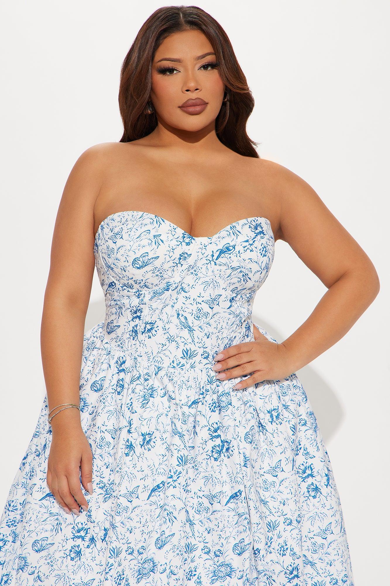 Always Delicate Strapless Midi Dress - White/Blue Product Image