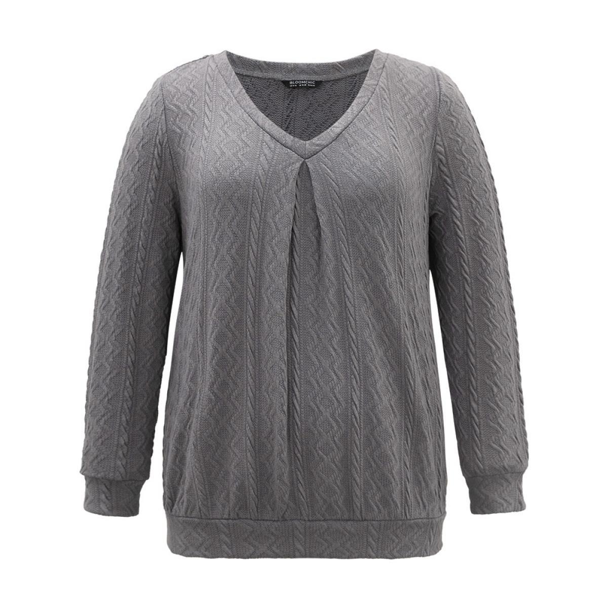 Plus Size Plain Geometric Textured Plicated Detail Sweatshirt Women Gray Casual Texture V-neck Dailywear Sweatshirts BloomChic 10/M Product Image