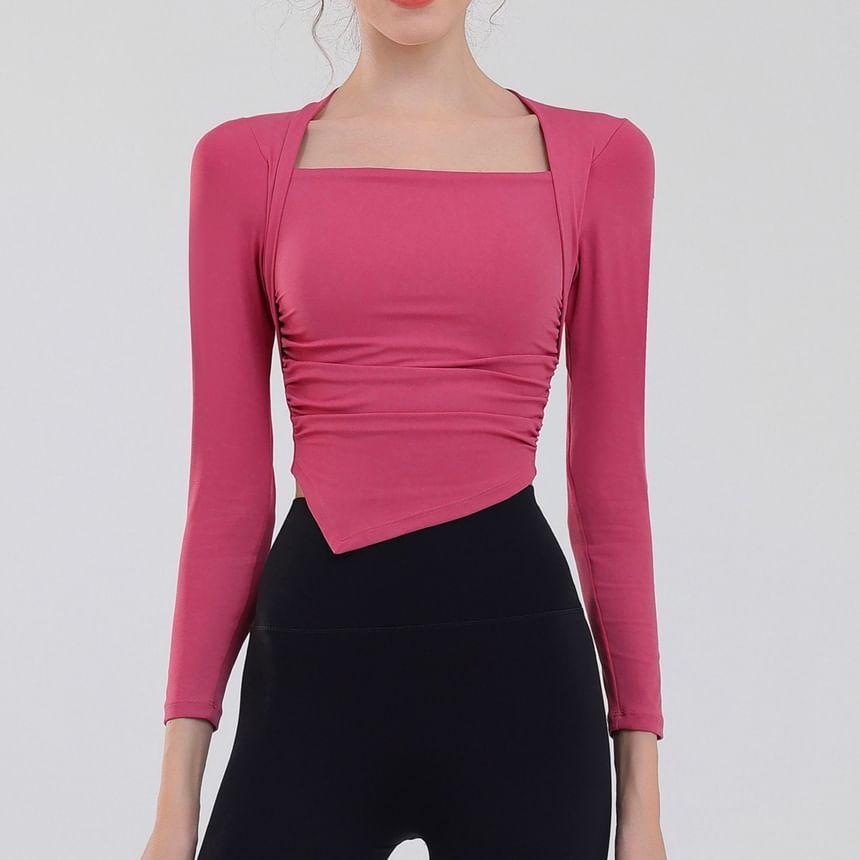 Long-Sleeve Asymmetrical Plain Sports Crop Top Product Image