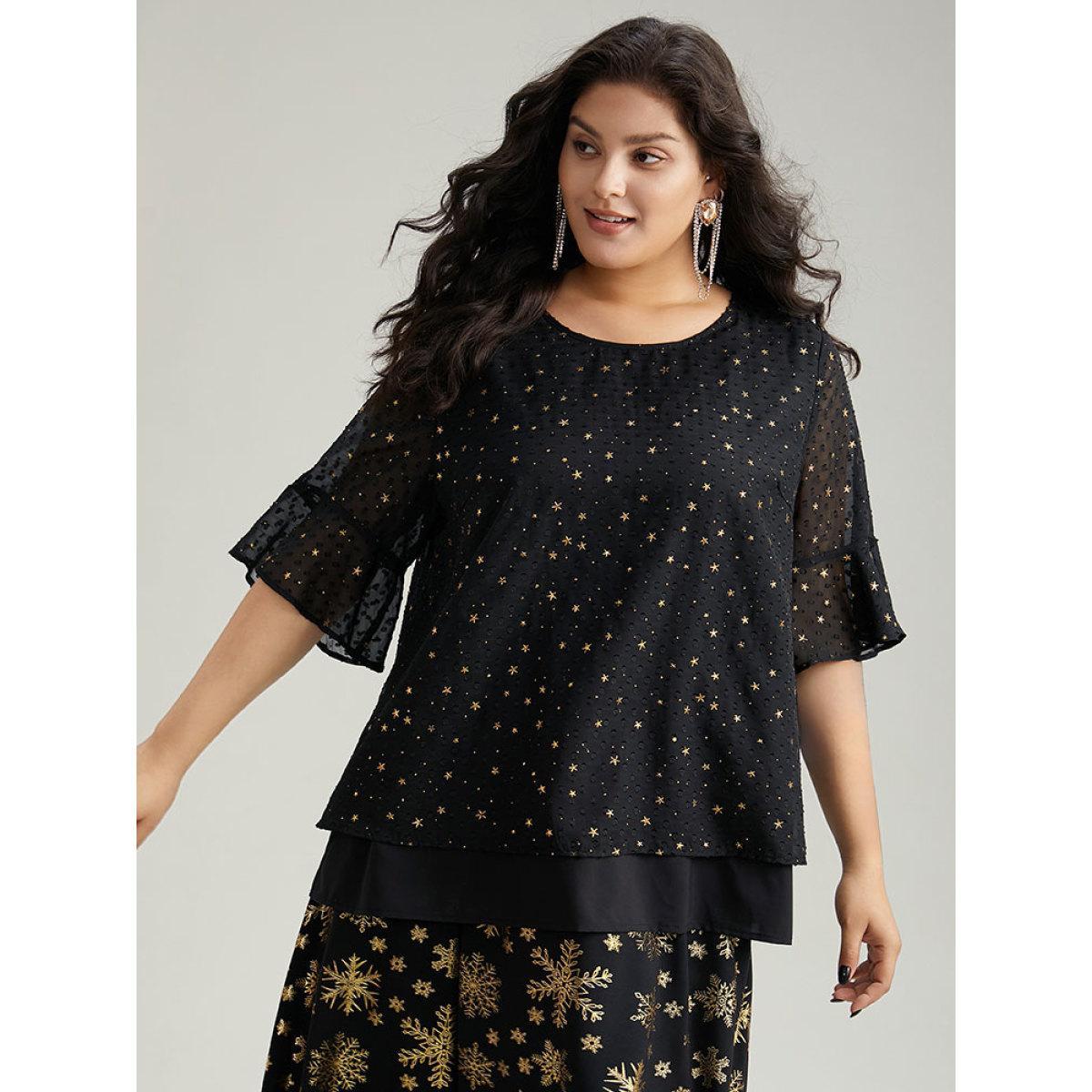 Plus Size Black Star Glitter Flutter Sleeve Mesh Blouse Women Glamour Half Sleeve Round Neck Festival-Christmas Blouses BloomChic 22-24/3X Product Image
