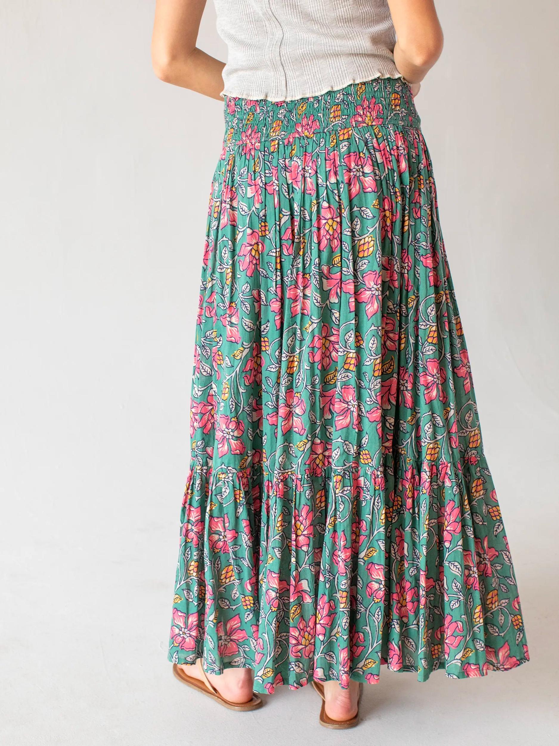Flora Cotton Convertible Maxi Skirt - Teal Pink Lilies Product Image