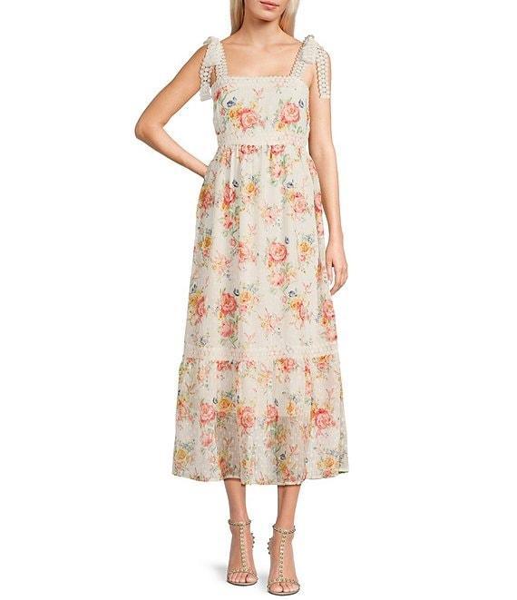 Blu Pepper Floral Print Square Neck Ribbon Tie Midi Dress Product Image