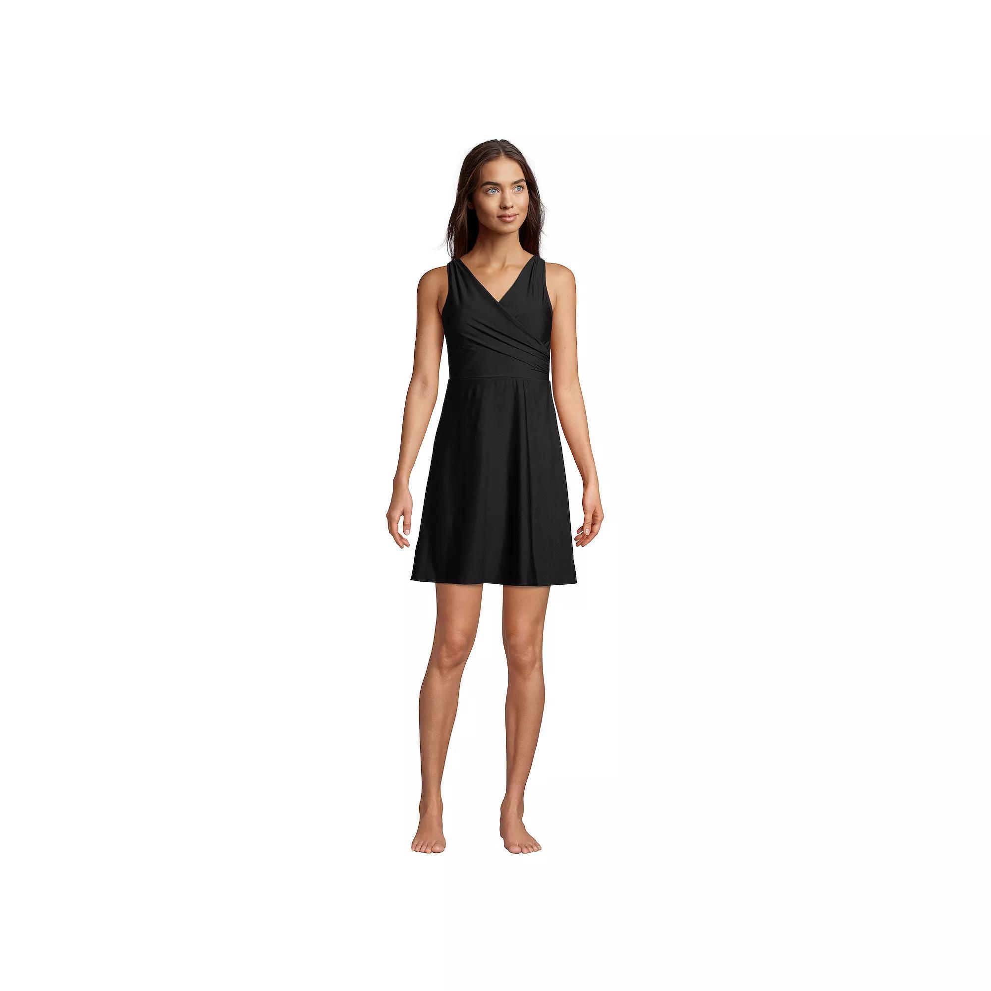 Petite Lands' End UPF 50 Tummy Control Surplice One-Piece Swim Dress, Women's, Size: 2 Petite, Black Product Image