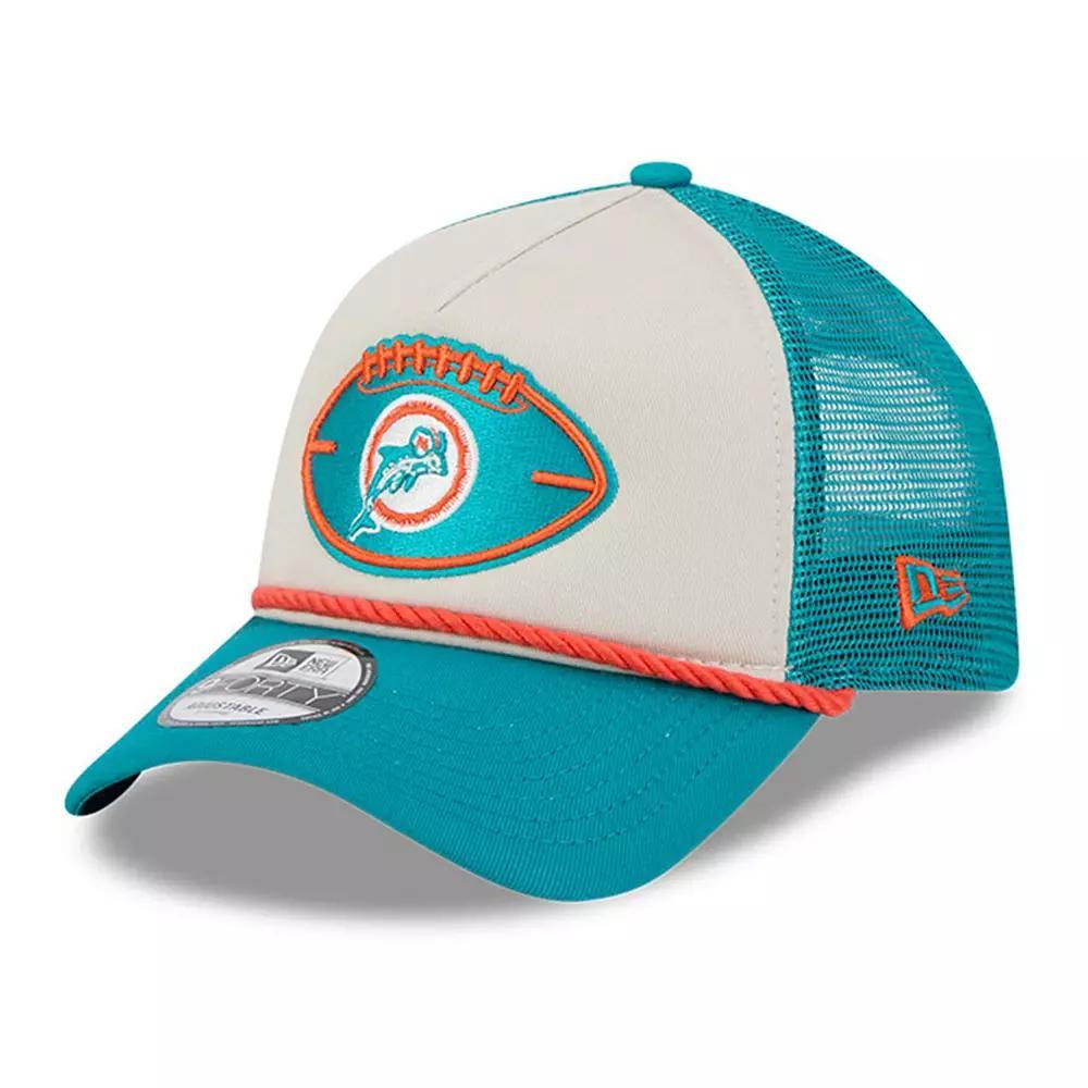 Mens New Era Stone/Aqua Miami Dolphins 2024 Sideline Historic 9FORTY A-Frame Trucker Adjustable Hat Product Image