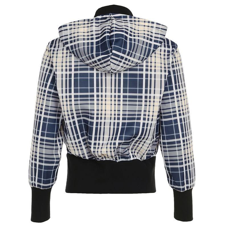 Stand Collar Plaid Zip Bomber Jacket Product Image