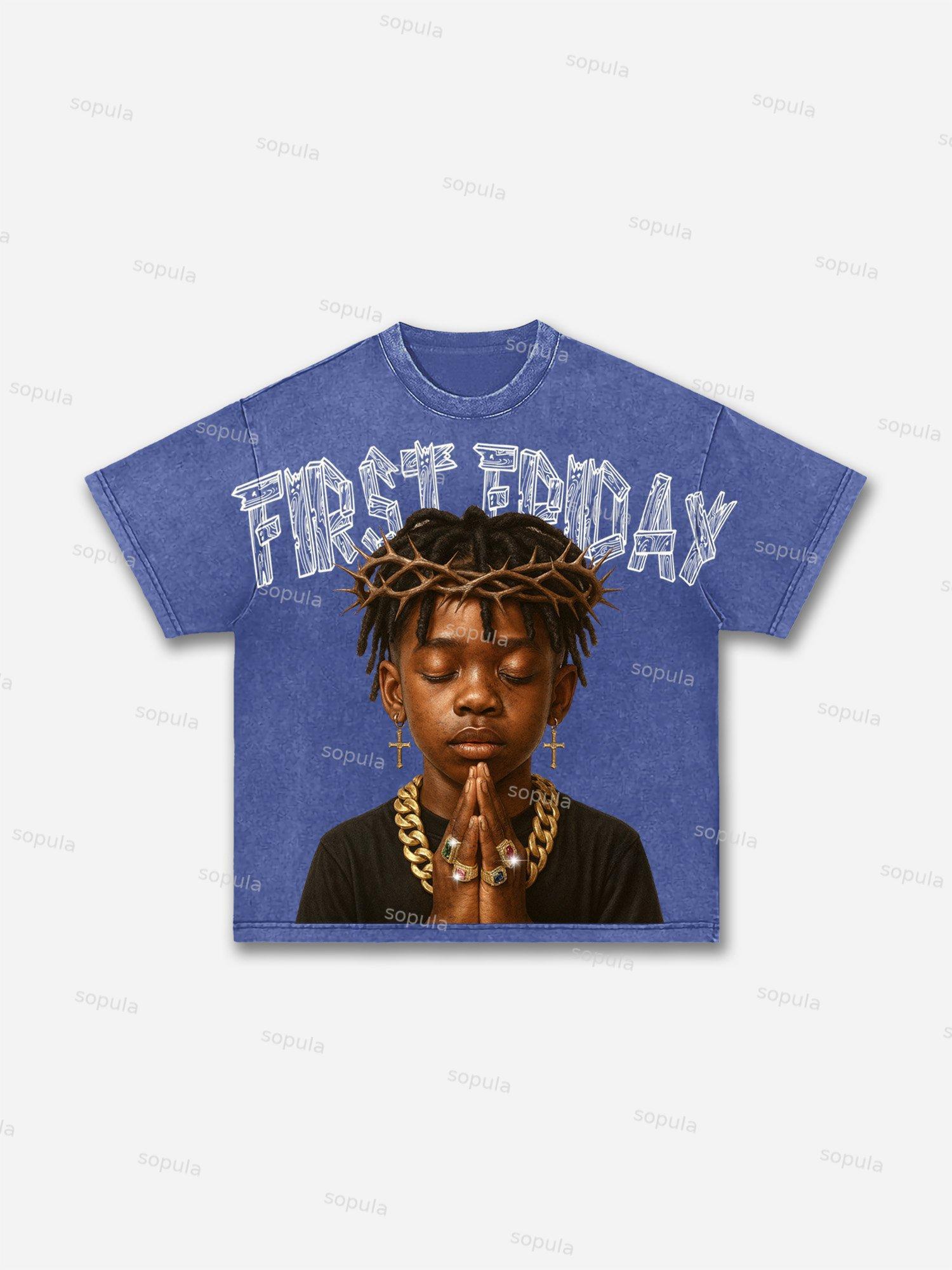 First Friday Devotion Retro Graphic Acid Wash T-shirt Product Image