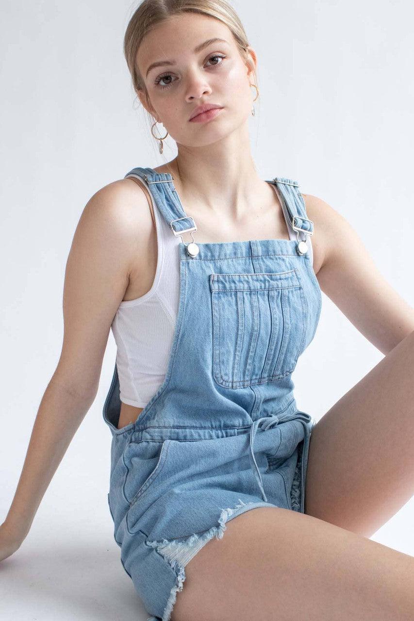 Light Wash Tie Waist Denim Overall Shorts Product Image