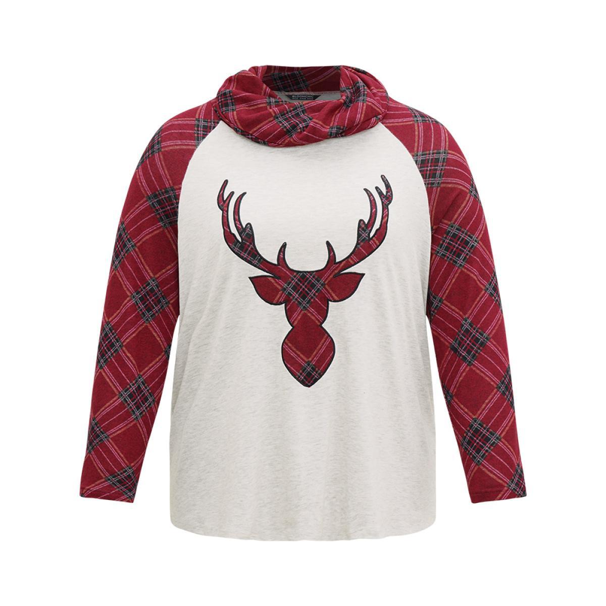 Plus Size Elk Plaid Patchwork Cowl Neck T-shirt LightGray Women Casual Contrast Christmas Cowl Neck Festival-Christmas T-shirts BloomChic 26/4X Product Image