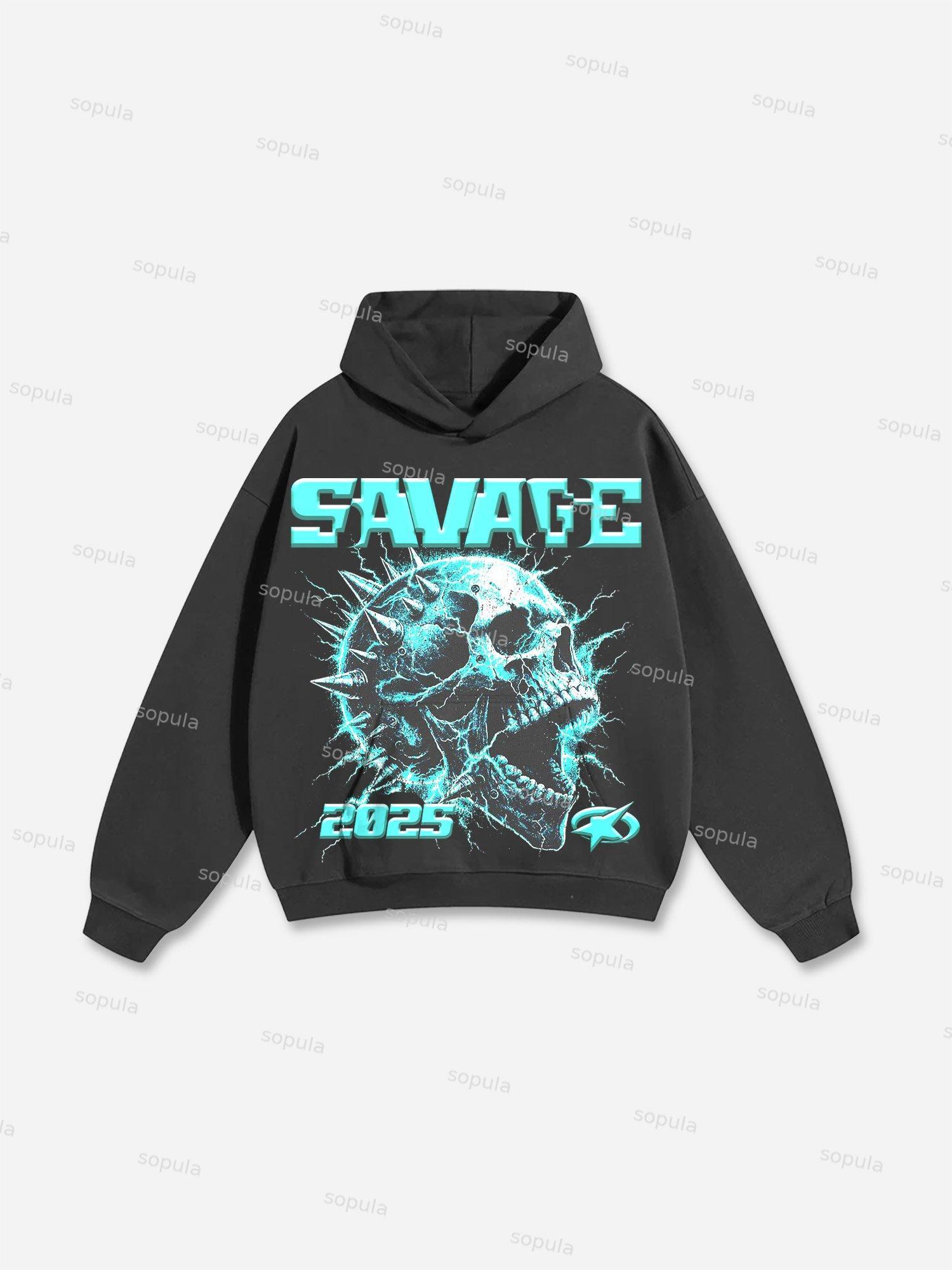 Savage Lightning Skull Print Cotton Hoodie Product Image