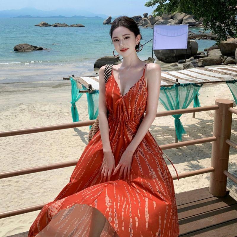 Spaghetti Strap Print Maxi A-Line Dress Product Image