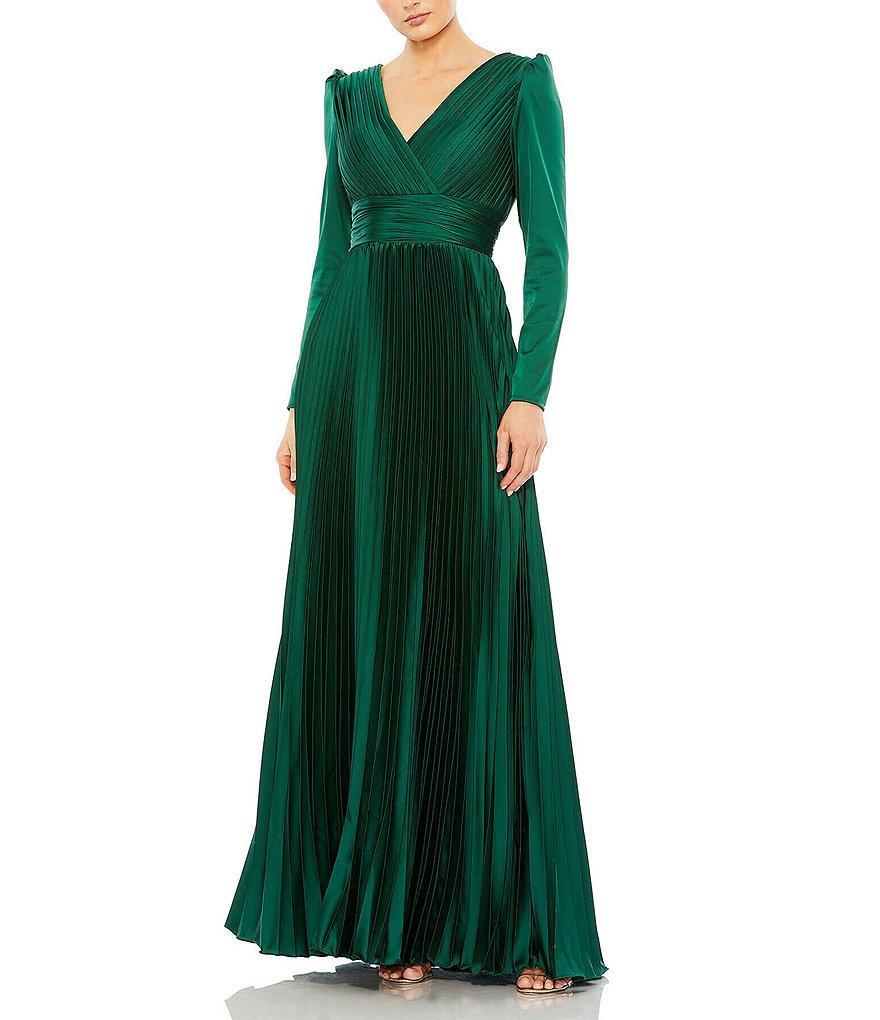 Mac Duggal Surplice V-Neck 3/4 Sleeve Pleated A-Line Gown Product Image