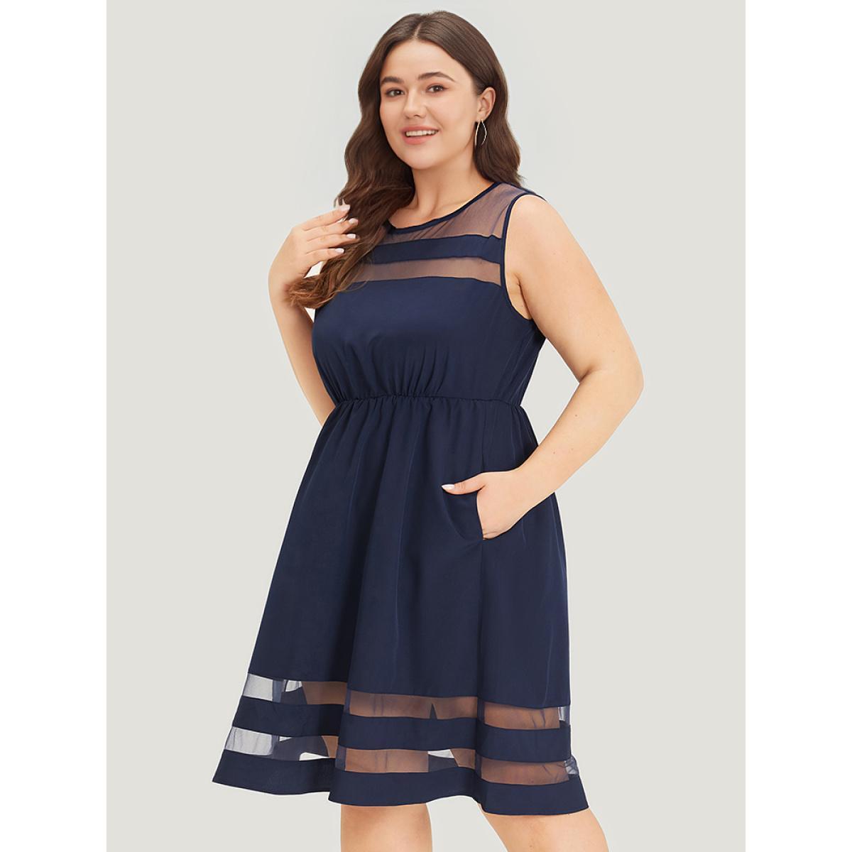 Plus Size Mesh Patchwork Pocket Elastic Waist Gathered Tank Dress DarkBlue Women Elegant Gathered Round Neck Sleeveless Curvy Knee Dress BloomChic 30/6X Product Image