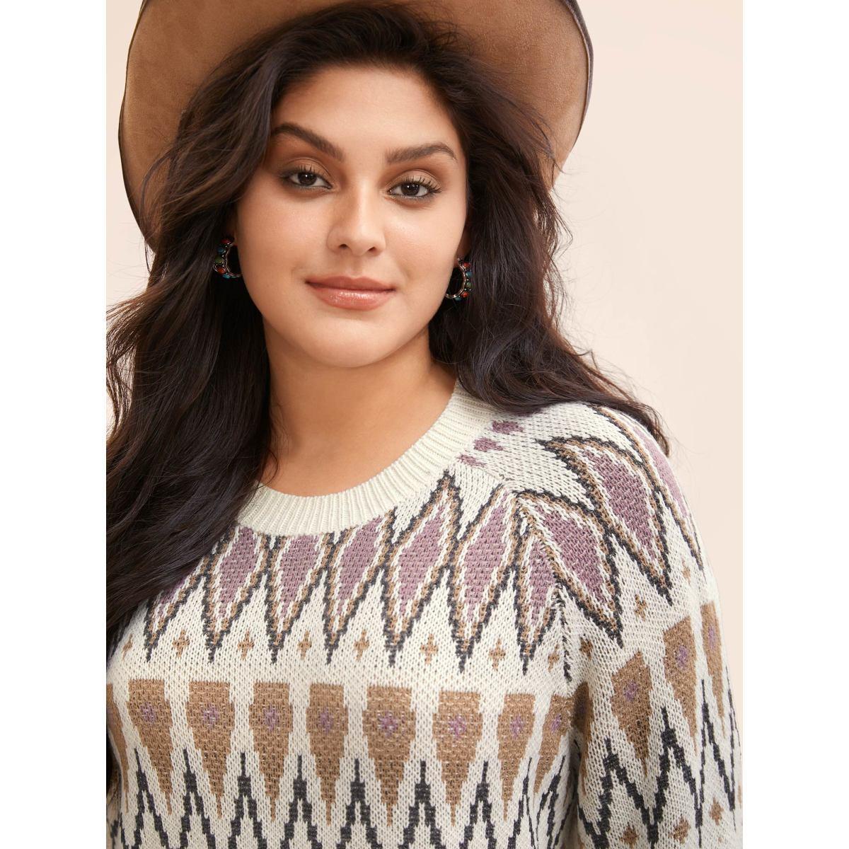 Plus Size Fair Isle Jacquard Crew Neck Pullover Beige Women Casual Long Sleeve Round Neck Everyday Pullovers BloomChic 10/M Product Image