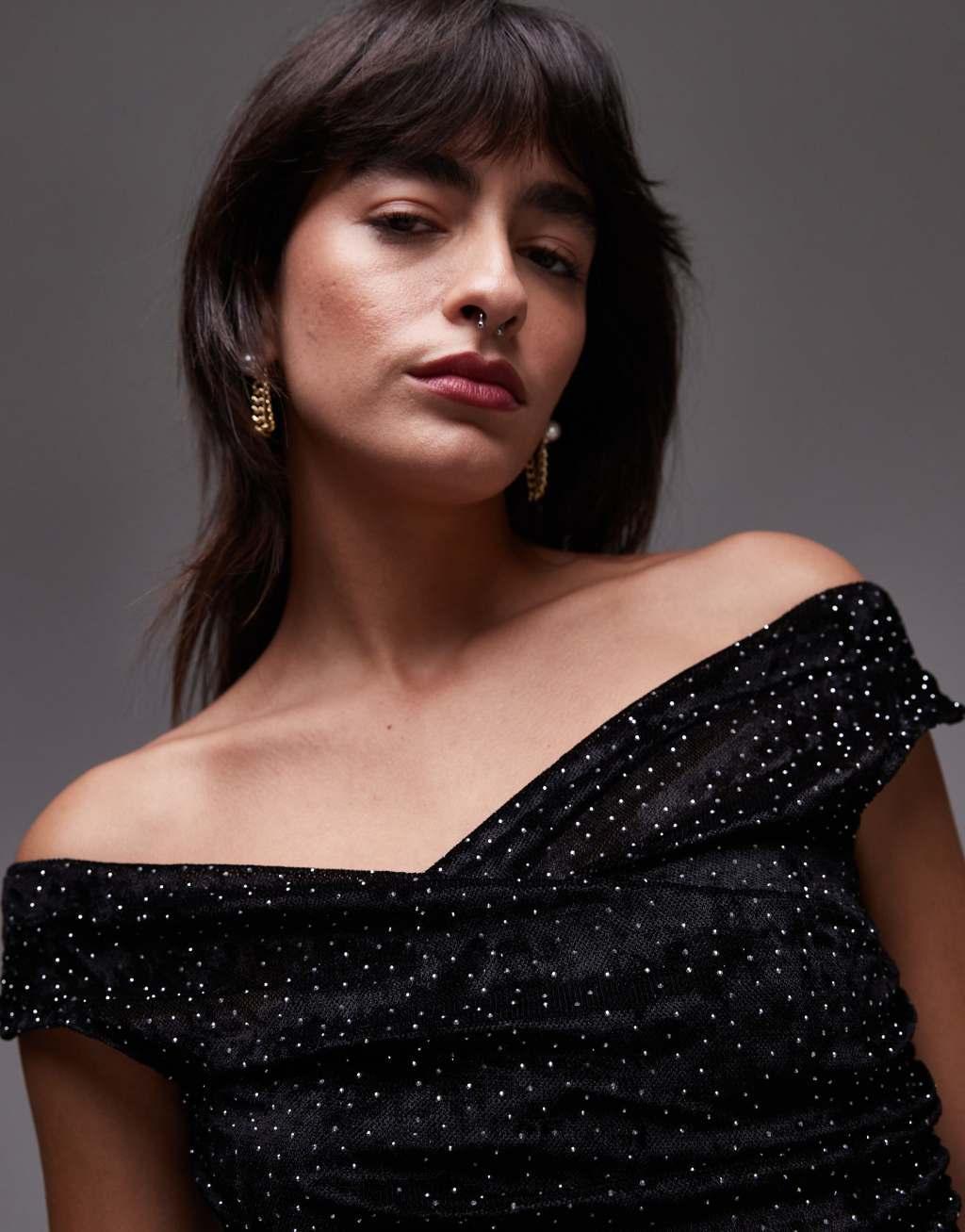 Mango off shoulder velvet hotfix top in black Product Image