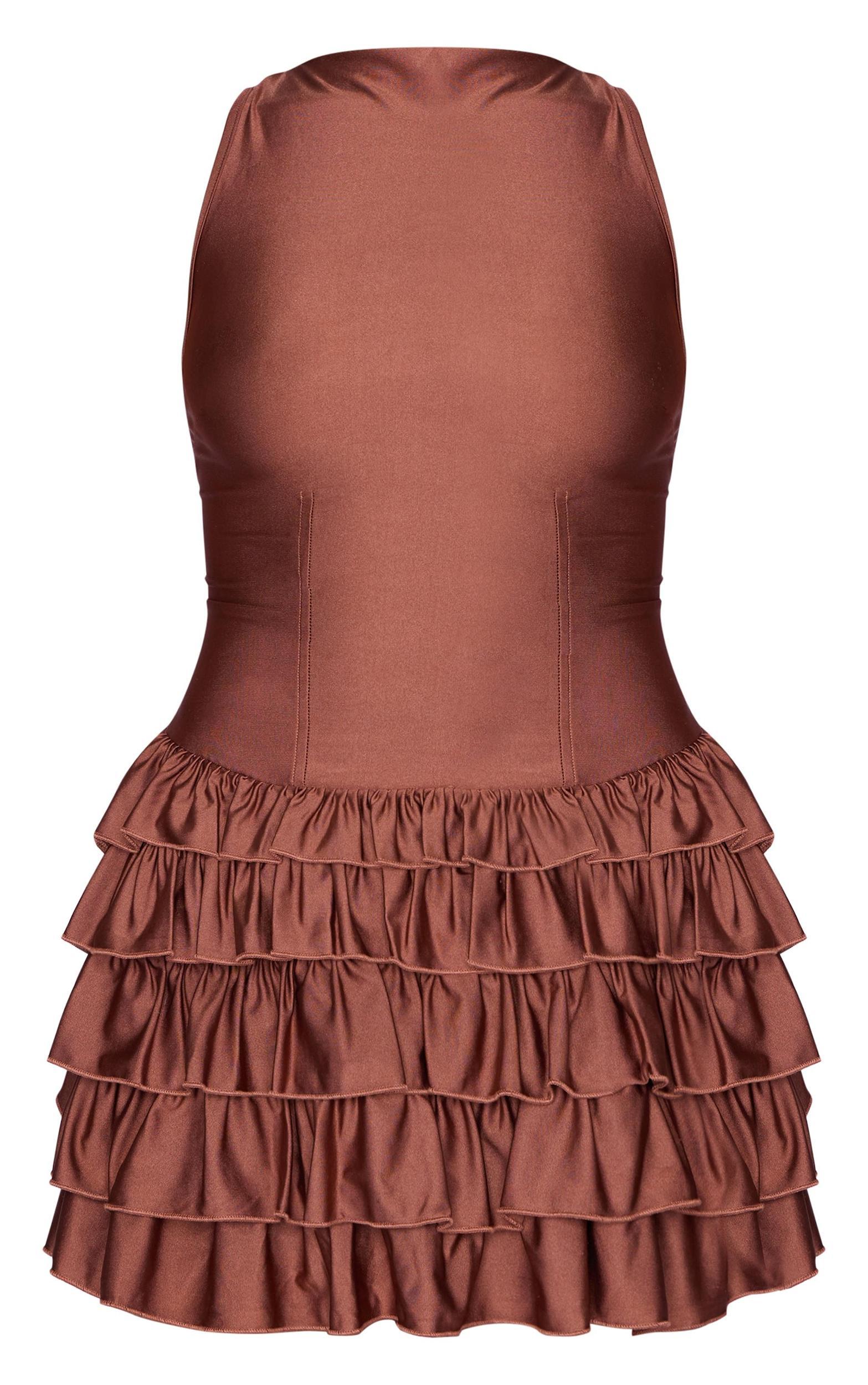 Chocolate Slinky Frill Hem Micro Mini Dress Product Image