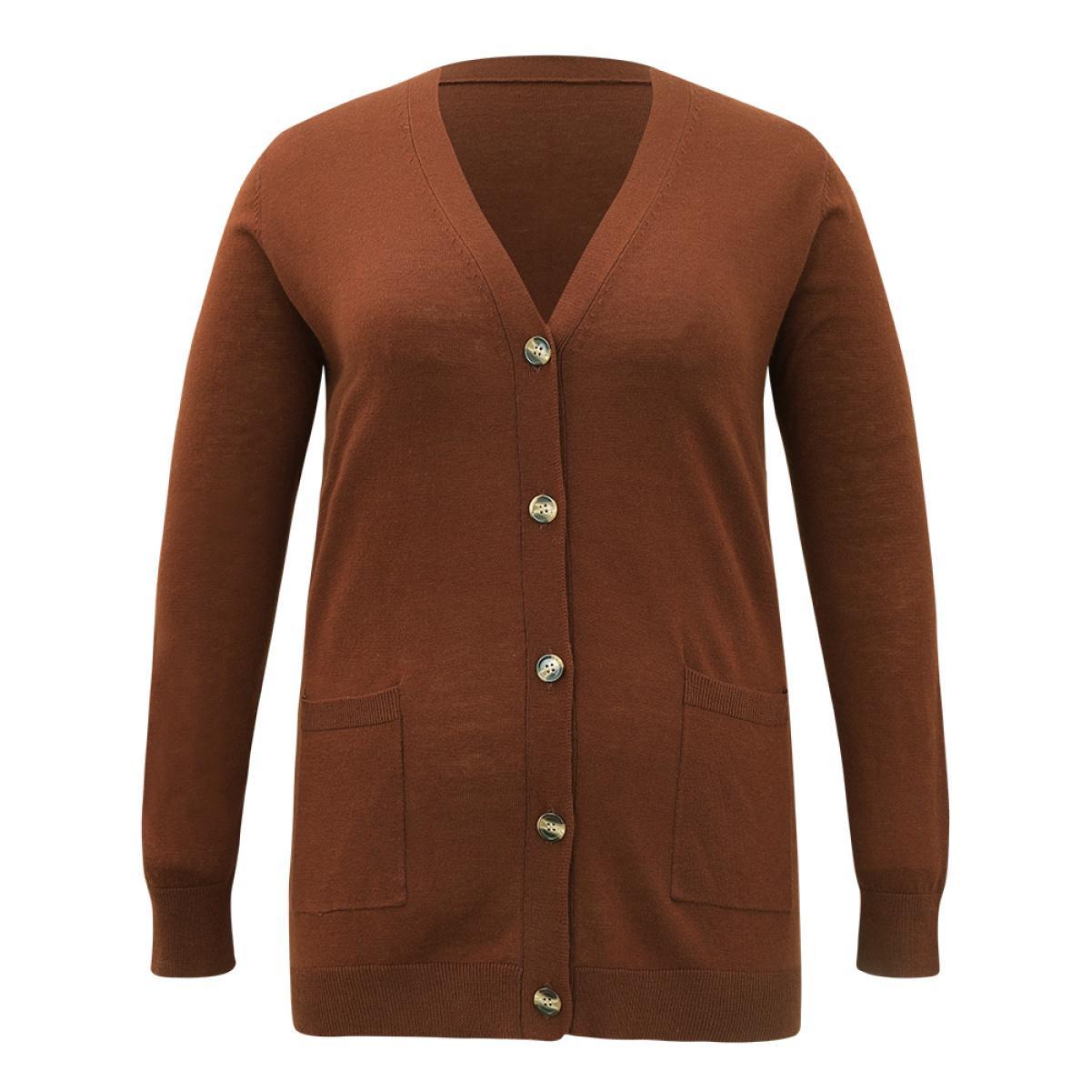 Plus Size Supersoft Essentials Button Up Patched Pocket Cardigan Maroon Women Casual Loose Long Sleeve Everyday Cardigans BloomChic 26/4X Product Image