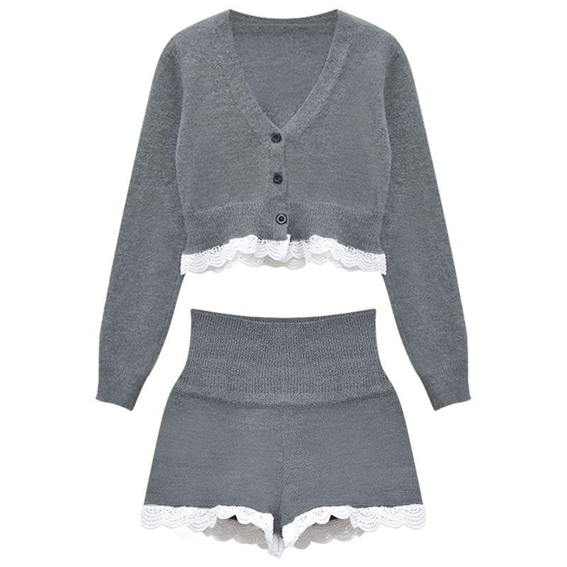 Set: V-Neck Plain Lace Trim Cropped Cardigan + High Waist Hot Pants Product Image