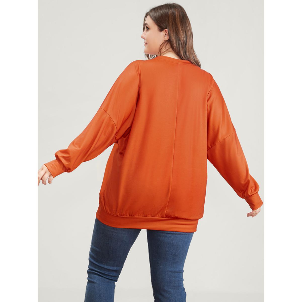 Plus Size Halloween Bat Print Round Neck Drop Shoulder Sweatshirt Women Orange Casual Printed Round Neck Festival-Halloween Sweatshirts BloomChic 14-16/1X Product Image