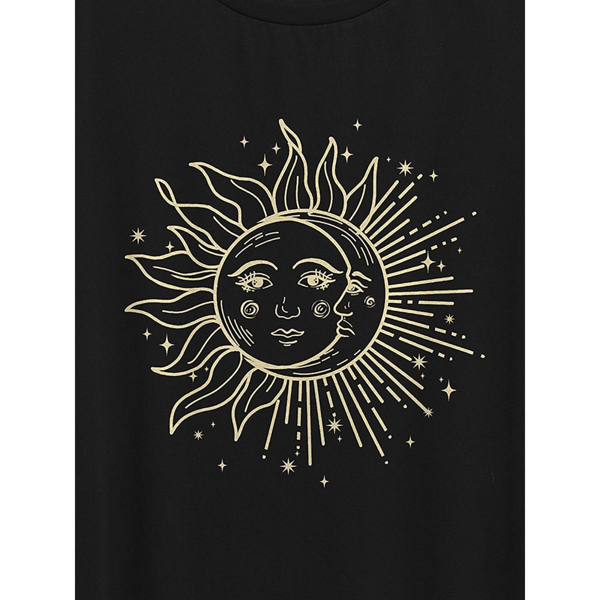 Plus Size Sun and Moon Printed Round Neck T-Shirt Black Women Non Art&design Round Neck Everyday-Casual T-shirts BloomChic 12/L Product Image
