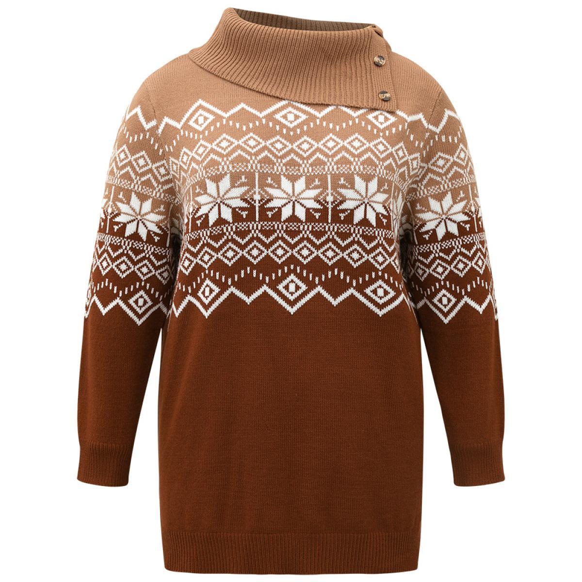 Plus Size Snowflake Print Button Detail Split Side Pullover Multicolor Women Casual Loose Long Sleeve Lapel Collar Festival-Christmas Pullovers BloomChic 18-20/2X Product Image