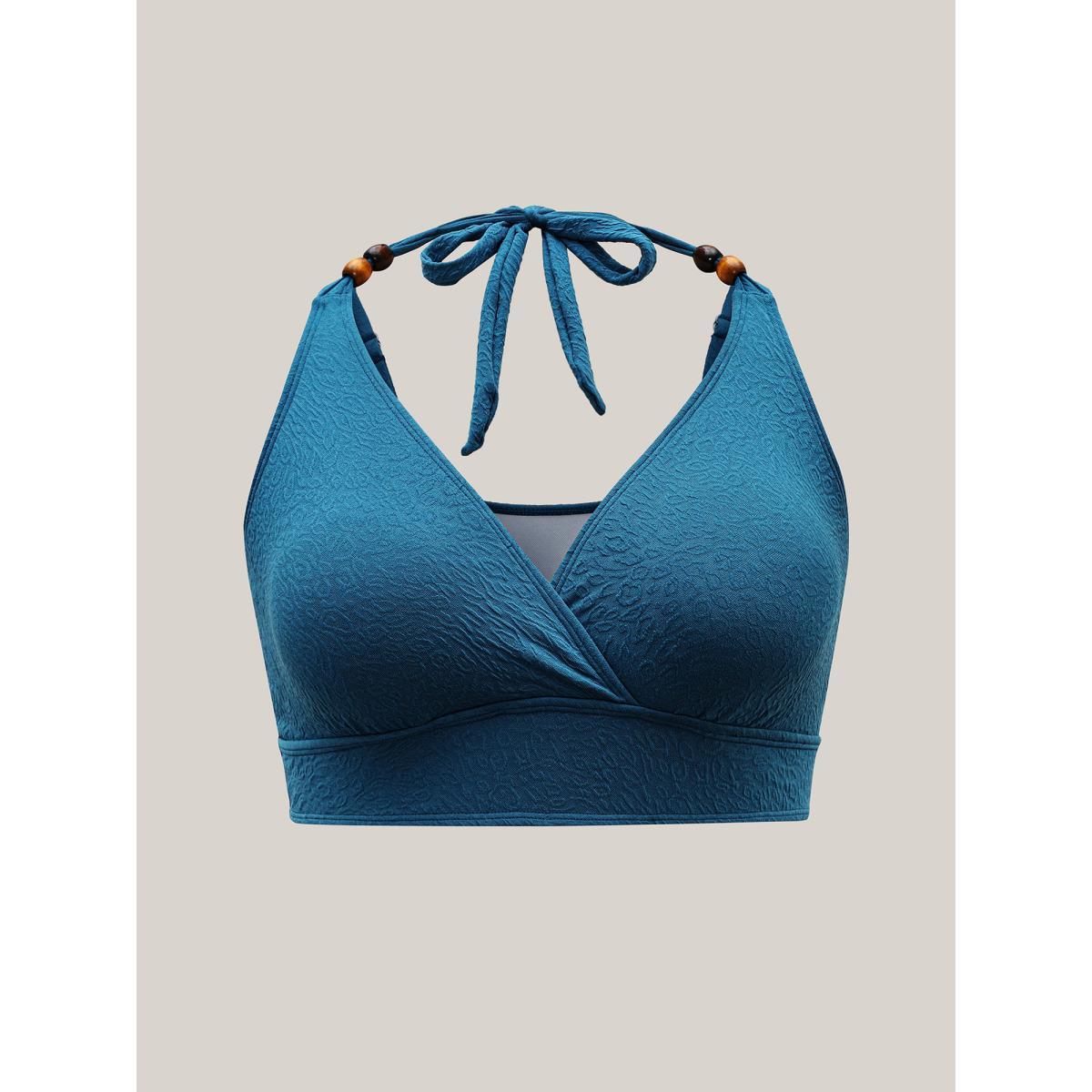 Plus Size Surplice Neck Textured Lace Swim Top Women's Swimwear Aegean Beach Tie knot High stretch Skinny Overlap Collar Curve Swim Tops BloomChic 30/6X Product Image