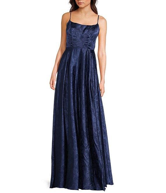 B. Darlin Sleeveless Spaghetti Strap Scoop Neck Back Lace Up Long Dress Product Image