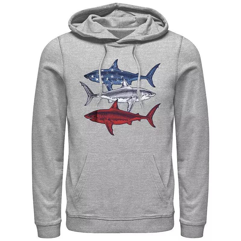 Men's Red White And Blue Sharks Graphic Hoodie, Size: Small, Athletic Grey Product Image