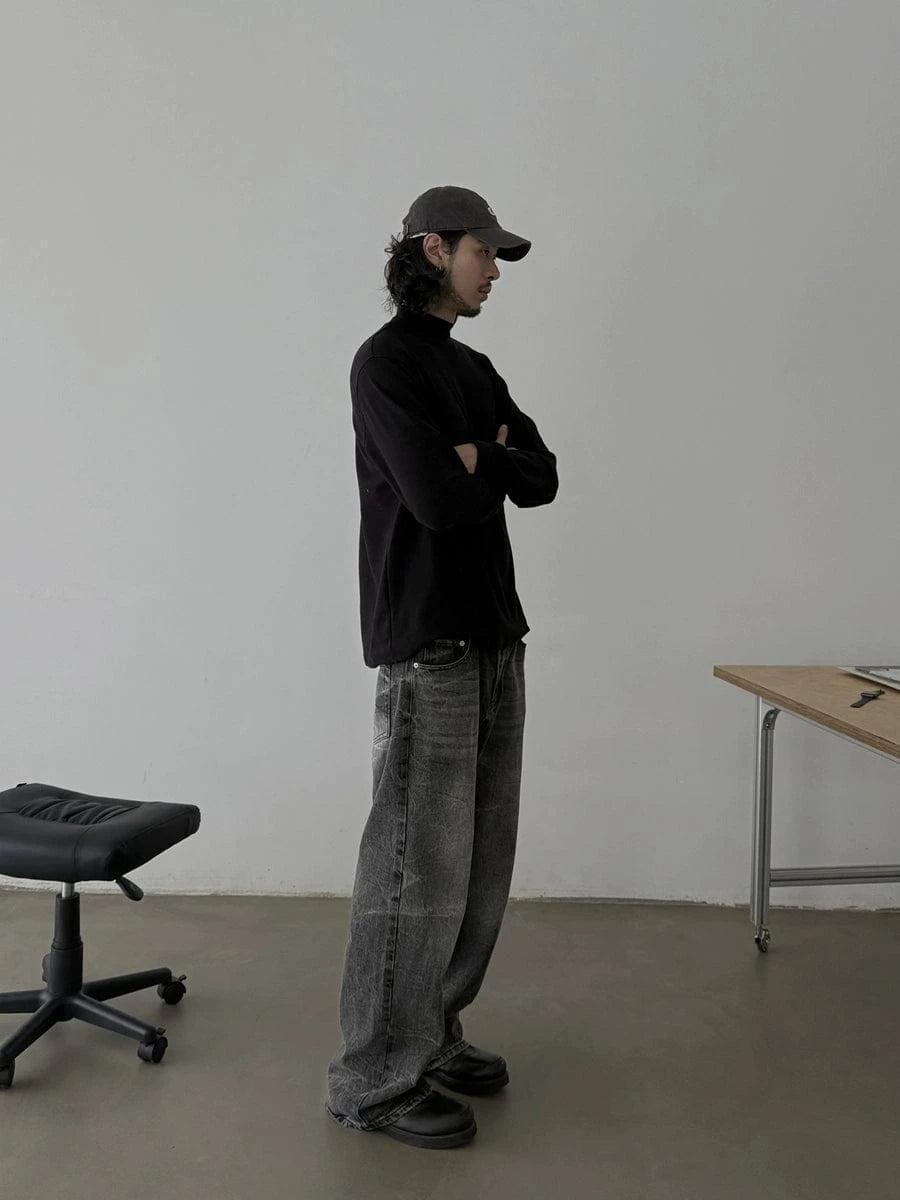 RT No. 18827 WASHED BLACK BAGGY STRAIGHT DENIM JEANS Product Image