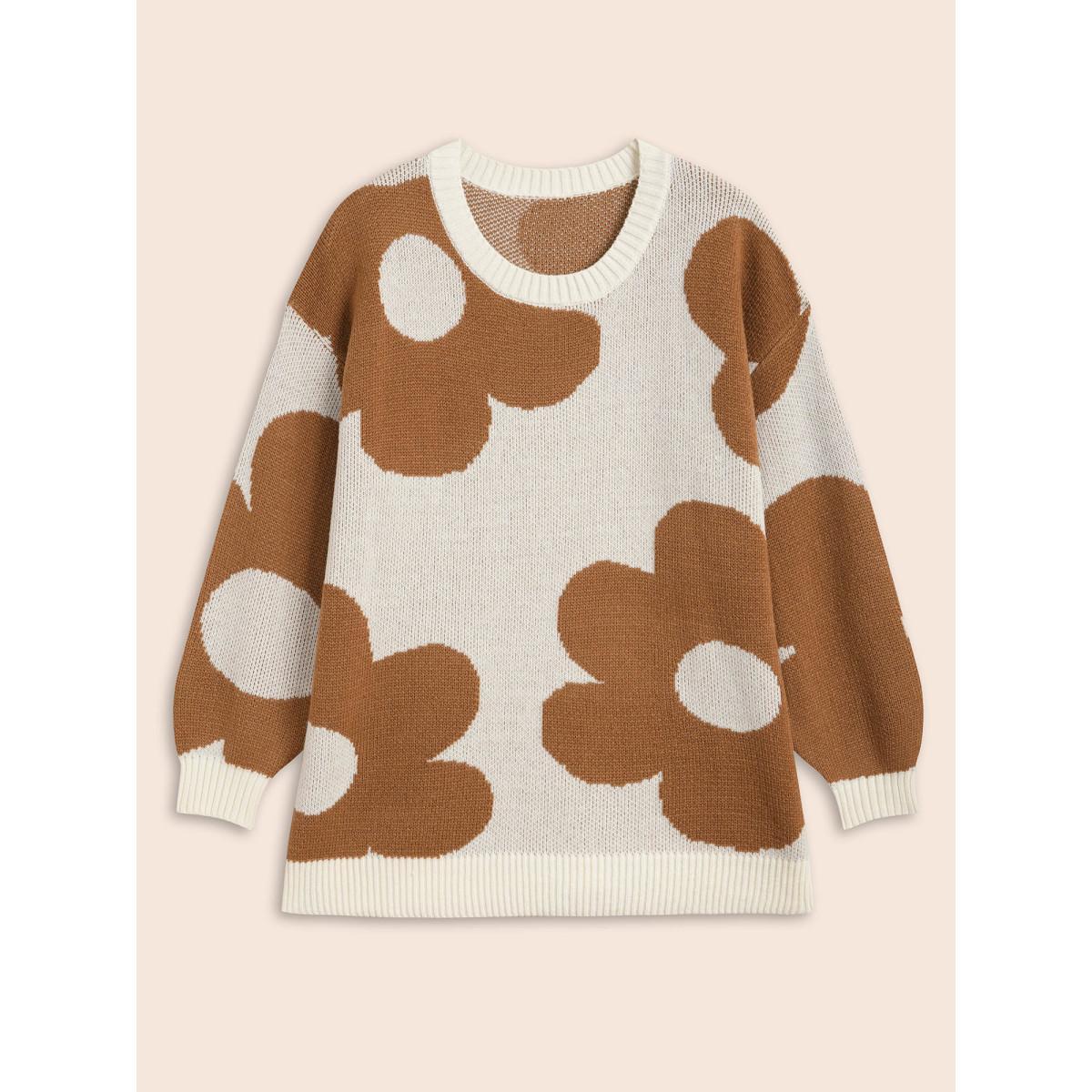 Plus Size Floral Jacquard Drop Shoulder Sleeve Pullover Apricot Women Casual Loose Long Sleeve Round Neck Everyday Pullovers BloomChic 28/5X Product Image