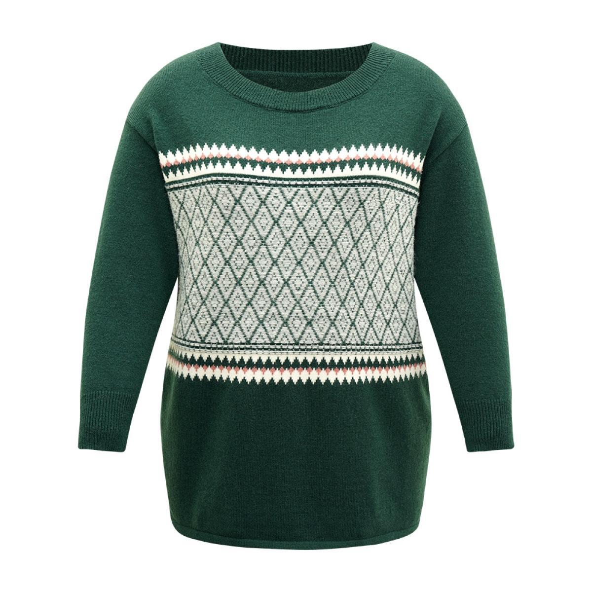 Plus Size Supersoft Essentials Round Neck Geometric Pullover DarkGreen Women Casual Loose Long Sleeve Round Neck Dailywear Pullovers BloomChic 18-20/2X Product Image
