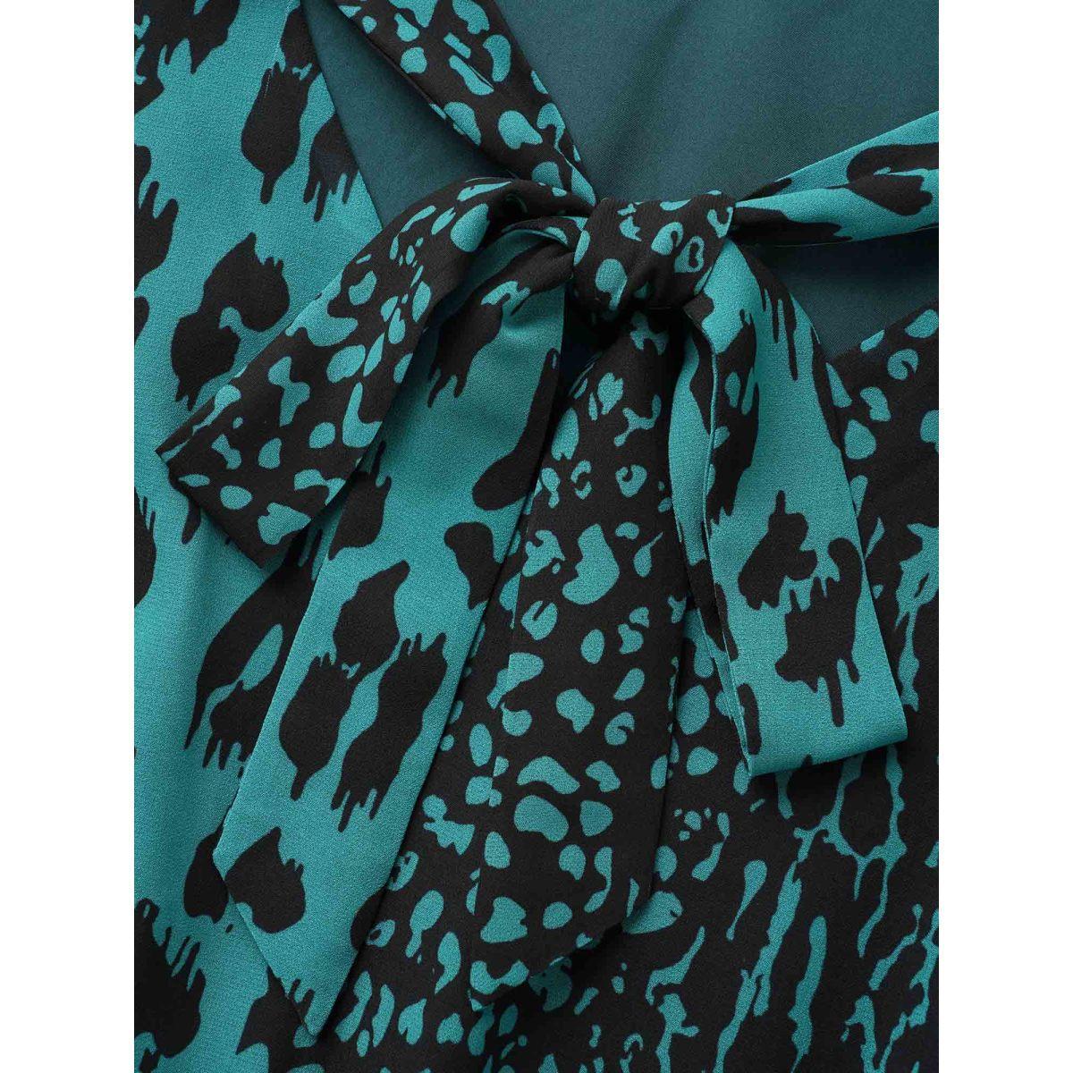 Plus Size Leopard Print Elastic Waist Tie Knot Dress Teal Women Elegant Tie knot Ribbon-tied collar Long Sleeve Curvy BloomChic 18-20/2X Product Image