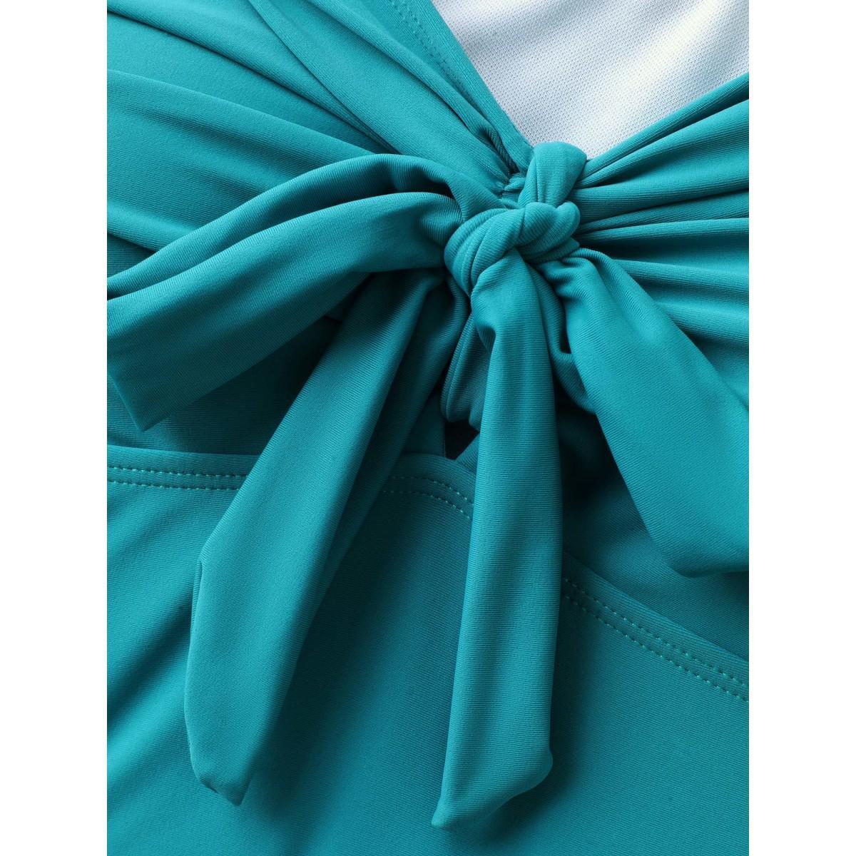 Plus Size Knotted Bodice Flared Sleeve Swim Top Women's Swimwear Teal Beach Tie knot High stretch Skinny Heart neckline Curve Swim Tops BloomChic 10/M Product Image