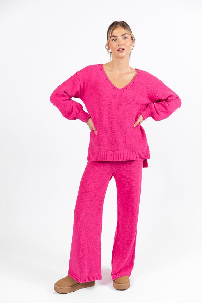 Cozy For Keeps Hot Pink V-Neck Sweater SALE Product Image